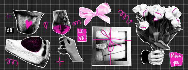 Retro halftone collage elements. Valentine's Day concept. Lips, cheesecake, gift, bow, bouquet of flowers. Trendy collection with naive doodle elements.