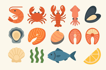 Obraz premium Colorful seafood icons featuring fish, shellfish, and seaweed