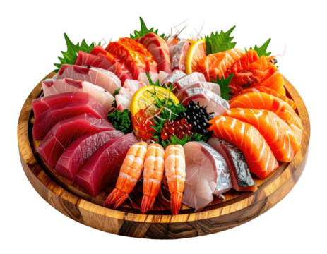 Round wooden platter of assorted raw fish, seafood, and garnishes - Powered by Adobe