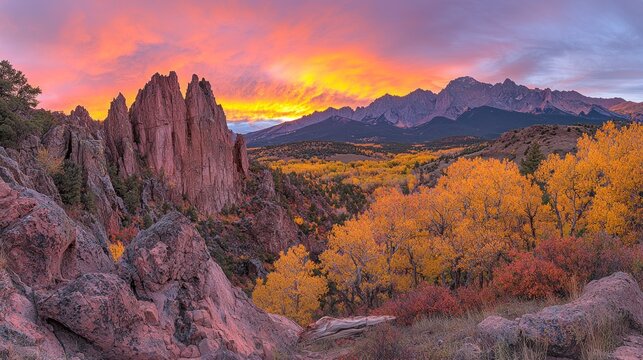 Mountain vista under fiery sunset sky, autumn trees in valley, red rock formations - Powered by Adobe