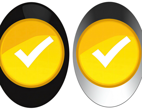 Two yellow buttons with a white checkmark, one on black, one on gray