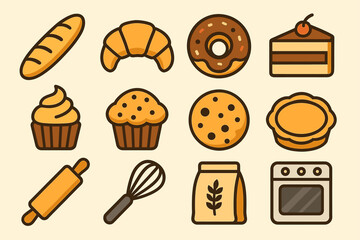 Assorted baked goods icons including bread, croissant, donut, cookie, cupcake, pie