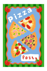 Italian Pizza. Vintage Illustration. Pizza Slices for a Party. Hand drawn vector illustration of pizza slices for a wall poster for a restaurant, pizzeria, or cafe.