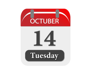 A calendar page showing october fourteenth on a tuesday with a red and white color scheme design element