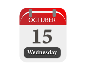 Close up of a calendar showing october fifteenth on wednesday with red and white color scheme design