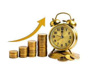 Gold coins stacked in a graph format with an upward arrow, next to a vintage gold alarm clock