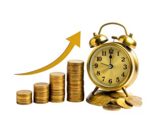 Gold coins stacked in a graph format with an upward arrow, next to a vintage gold alarm clock