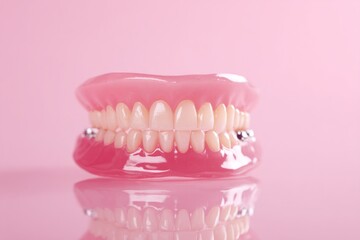 Obraz premium False teeth on a pink backdrop. Dentures reflecting on surface, showcasing teeth with pink gums and silver attachments