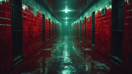 Fototapeta premium Ominous, long corridor with red-tiled walls and barred doors, leading into darkness