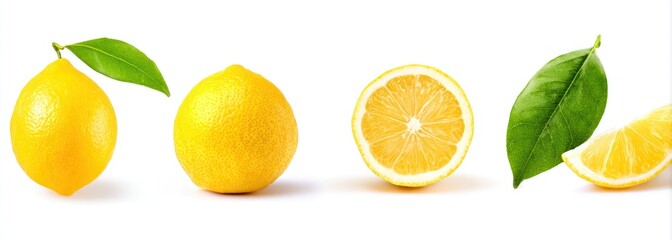 Fototapeta premium Fresh Lemons Line of whole, sliced lemons with green leaves isolated against a white background, showcasing vibrant yellow citrus fruits