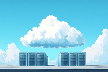 A cloud hovers over two rows of shipping containers in a surreal digital landscape 4k