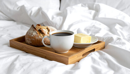 Relaxing morning with a delightful breakfast in bed A cup of coffee, fresh bread, and butter served on a wooden tray amidst soft white linens for a peaceful start to the day