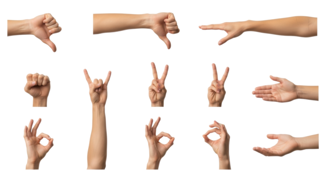 Multiple isolated light-skinned human forearms and hands performing diverse communicative gestures against a transparent studio background with ample copy space, razor-sharp focus. Concept of symbolic - Powered by Adobe