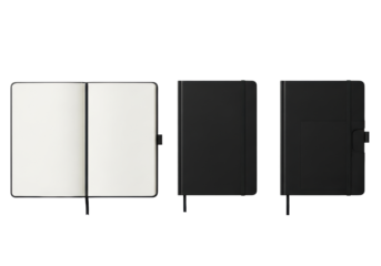 Three distinct black notebooks, open and closed, showcasing matte covers, cream pages, ribbon, and elastic closure, on a transparent flat lay background with copy space, concept of professional