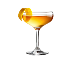 Golden cocktail in a coupe glass, garnished with orange peel