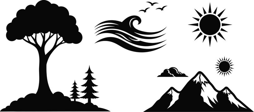 Silhouette of nature elements, showcasing a tree, wave, sun, mountain, and bird, capturing the essence of outdoor scenery