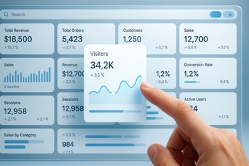 Finger tapping visitor data card on analytics dashboard with digital UI charts, metrics, and conversion stats

