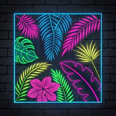 Neon tropical palm leaves on dark brick wall background.