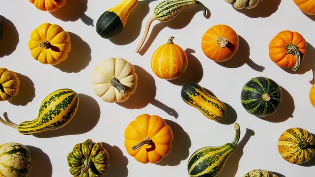 Assorted gourds and pumpkins in various colors and shapes, laid out on a white background, with strong shadows cast