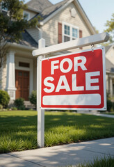 Fototapeta premium Real estate sale sign residential neighborhood property listing suburban landscape front view home ownership opportunity