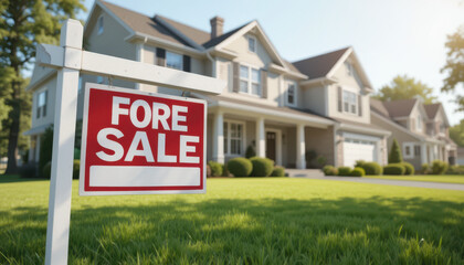 House for sale residential neighborhood real estate photo sunny day close-up view home ownership opportunity