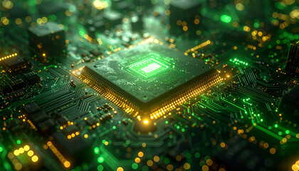 Minimalist AI chip floating in space, surrounded by holographic circuit patterns