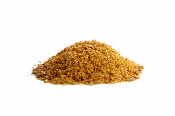 Flaxseed in a bowl on a white background. Roasted and finely ground, fine texture. Benefits: Relieves hot flashes and reduces inflammation that can cause Parkinson's Disease and asthma.