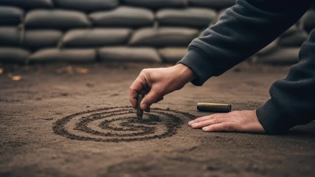 Close up of person drawing spiral in the sand with shell casings against a sandbag wall, creative concept.