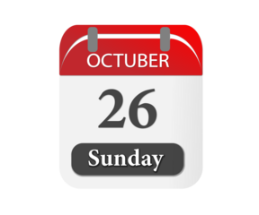 A calendar page showing october twenty sixth which falls on a sunday against a black background