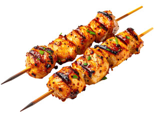 Two skewers of grilled chicken, glistening with a browned, spiced coating, and fresh herbs