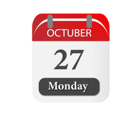 A calendar showing october twenty seventh on monday in red white and black color scheme isolated on black