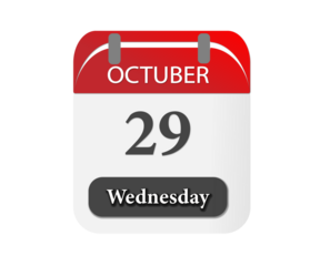 October twenty ninth wednesday shown on a calendar page with a red top on a black background
