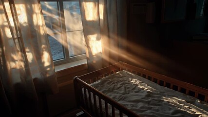 A sunlight streaming through window illuminates empty crib peaceful nursery, serene morning atmosphere with gentle light, cozy fabric, and tranquil