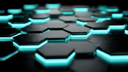 A close-up abstract of dark, matte hexagons illuminated with a bright, aqua-blue glow emanating from their edges on a dark reflective surface