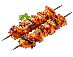 Two skewers of grilled chicken, glistening with a flavorful sauce, arranged diagonally.  Fresh cilantro garnish sits atop