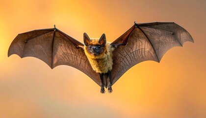 Majestic bat spreads wings against vibrant golden sunset, capturing nature's nocturnal wonder