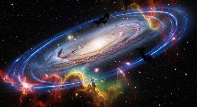 Majestic Spiral Galaxy with Glowing Blue Rings and Nebula Clouds