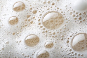 Close-up shows soapy bubbles with varying sizes and textures on a white surface, forming a pattern of foam, creating an abstract macro view