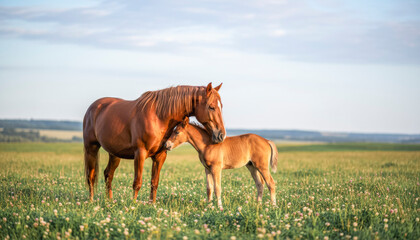 Serene nature scene of horse and foal bonding in meadow. idyllic rural landscape for nature appreciation posters.