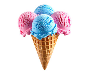 Three scoops of vibrant pink and light blue ice cream in a waffle cone