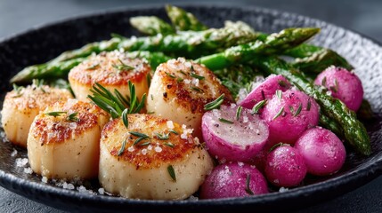 Seared Scallops Served on Black Plate with Asparagus and Radishes in Cinematic HDR Lighting
