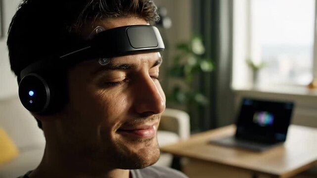 applying neurostimulation headset focus enhancement cinematic handheld biohacking lifestyle stock video. brainwave boost device usage handheld shot futuristic wellbeing existence