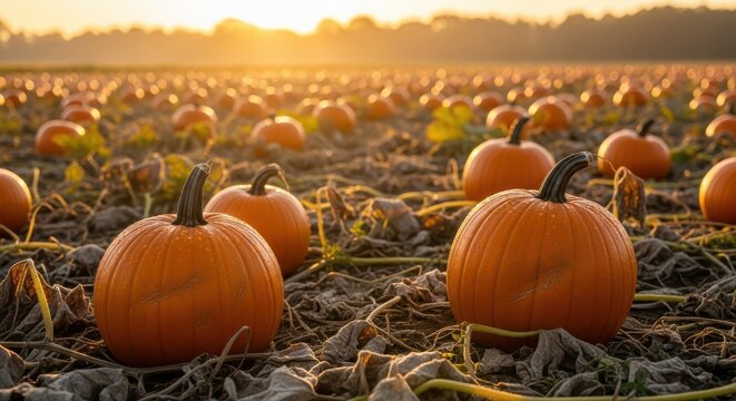 Golden Autumn Sunrise Over a Vast Pumpkin Patch Field