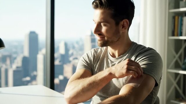 applying transdermal patch releasing slow vitamin dose cinematic handheld biohacking wellness lifestyle stock video. dermal delivery gradual nutrient infusion handheld shot