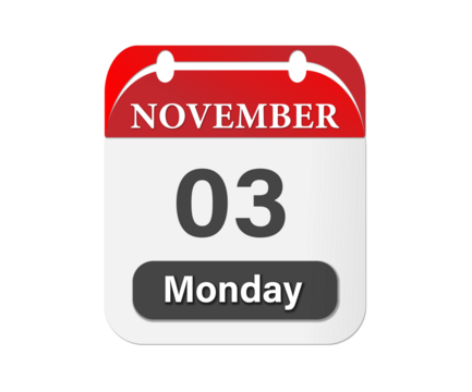 A calendar showing the date of november third on a monday with a red and white color scheme design