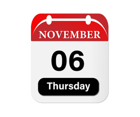 A november calendar showing the sixth day of the month on a thursday against a black background