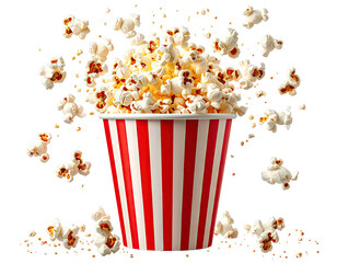Red and white striped paper popcorn container with popcorn exploding outward