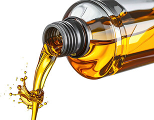 Golden liquid pouring from a clear plastic bottle