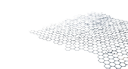 Intricate, precise hexagonal pattern with black nodes & glowing filaments on a light grey gradient background with copy space, soft diffused lighting, concept of digital networks & connectivity