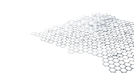 Intricate, precise hexagonal pattern with black nodes & glowing filaments on a light grey gradient background with copy space, soft diffused lighting, concept of digital networks & connectivity